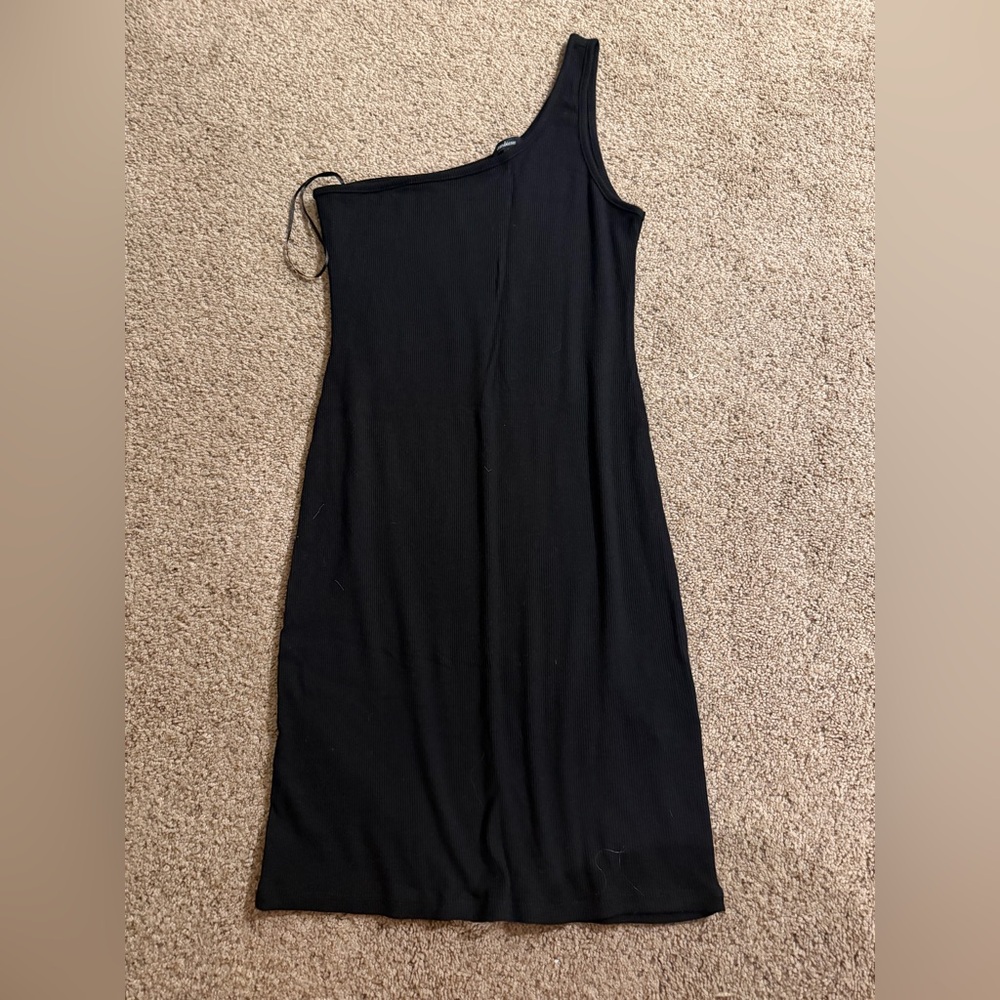 Black Ribbed One-Shoulder Tank Dress